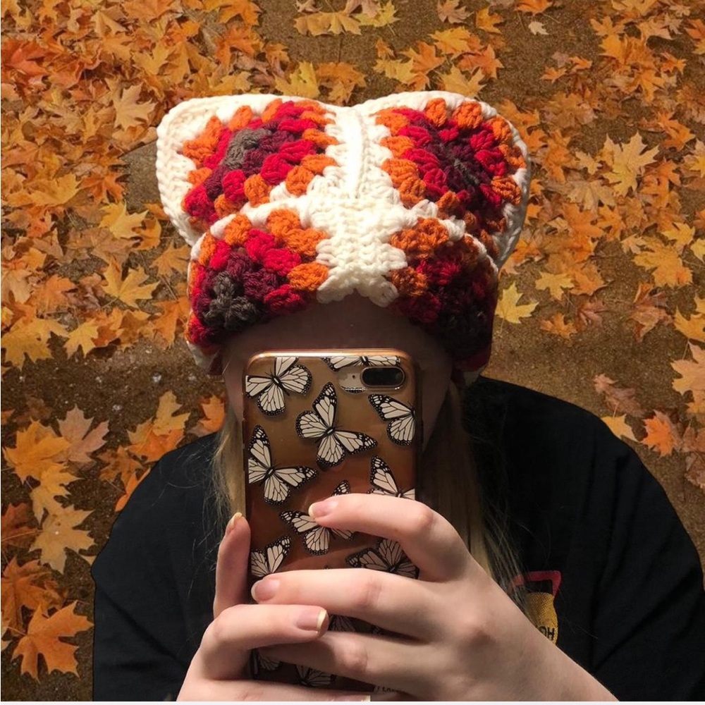 crochet fall granny square cat ear beanie HANDMADE